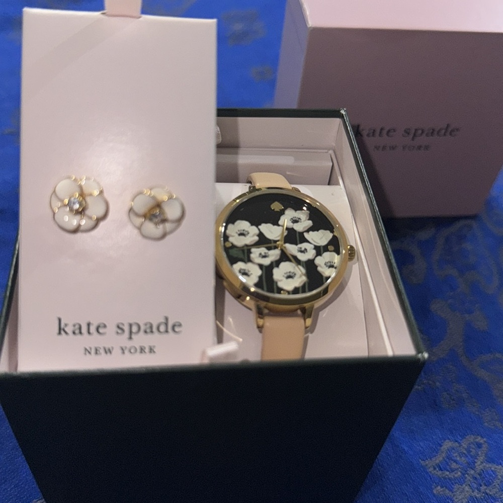 kate spade black floral dial watch with beige strap